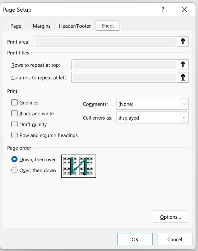 Spreadsheet print page setup